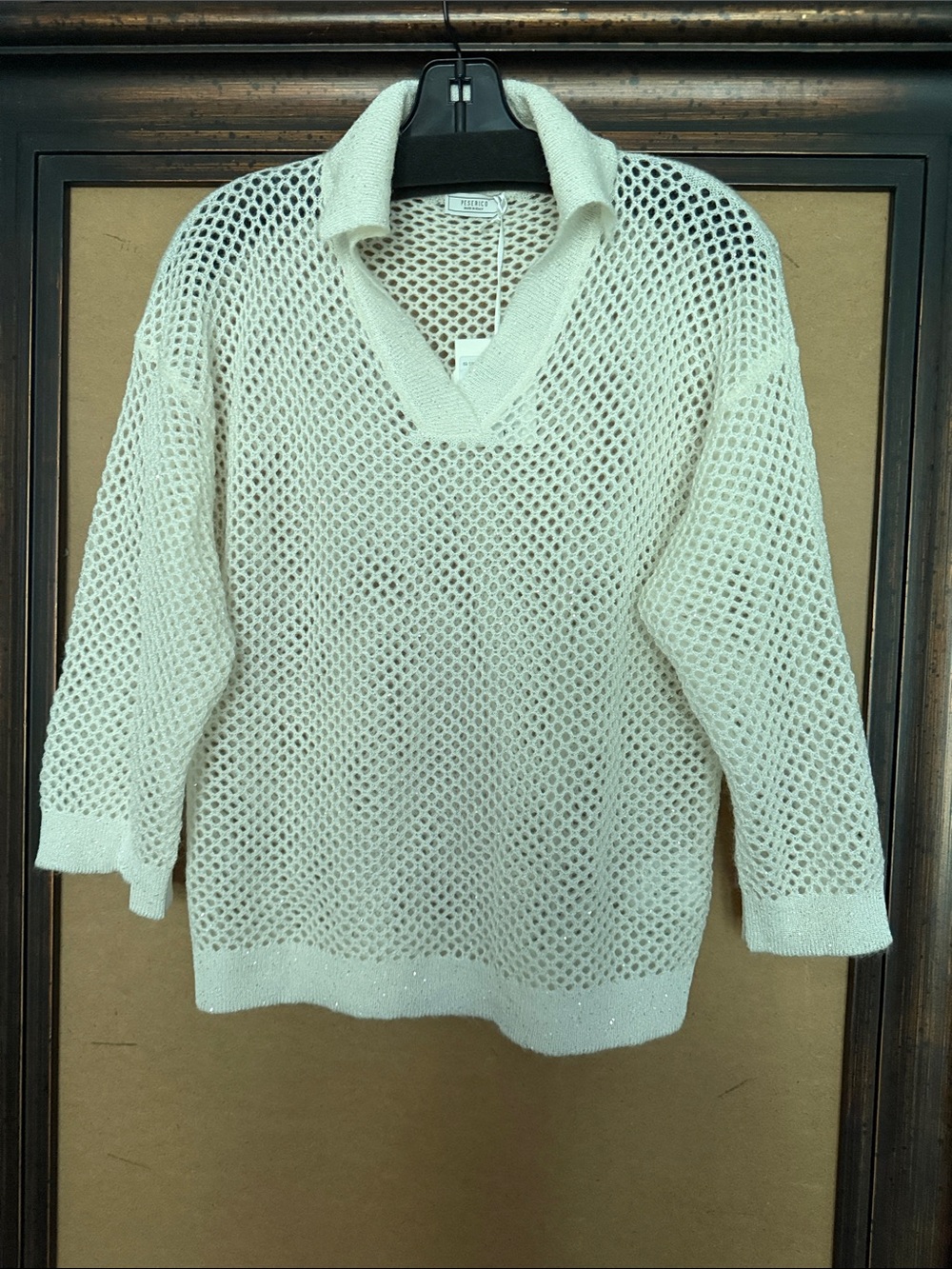 Peserico Ivory Open-Knit V-Neck Sweater with sparkle sequins